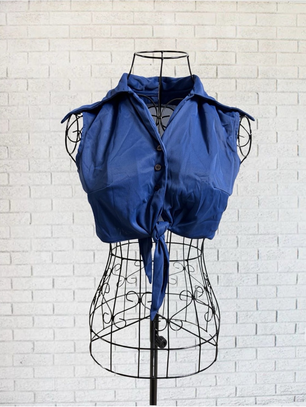 Vintage 1970's 70's Crop Top Blue Navy Long Collar Women XS Hippie Boho Bohemian